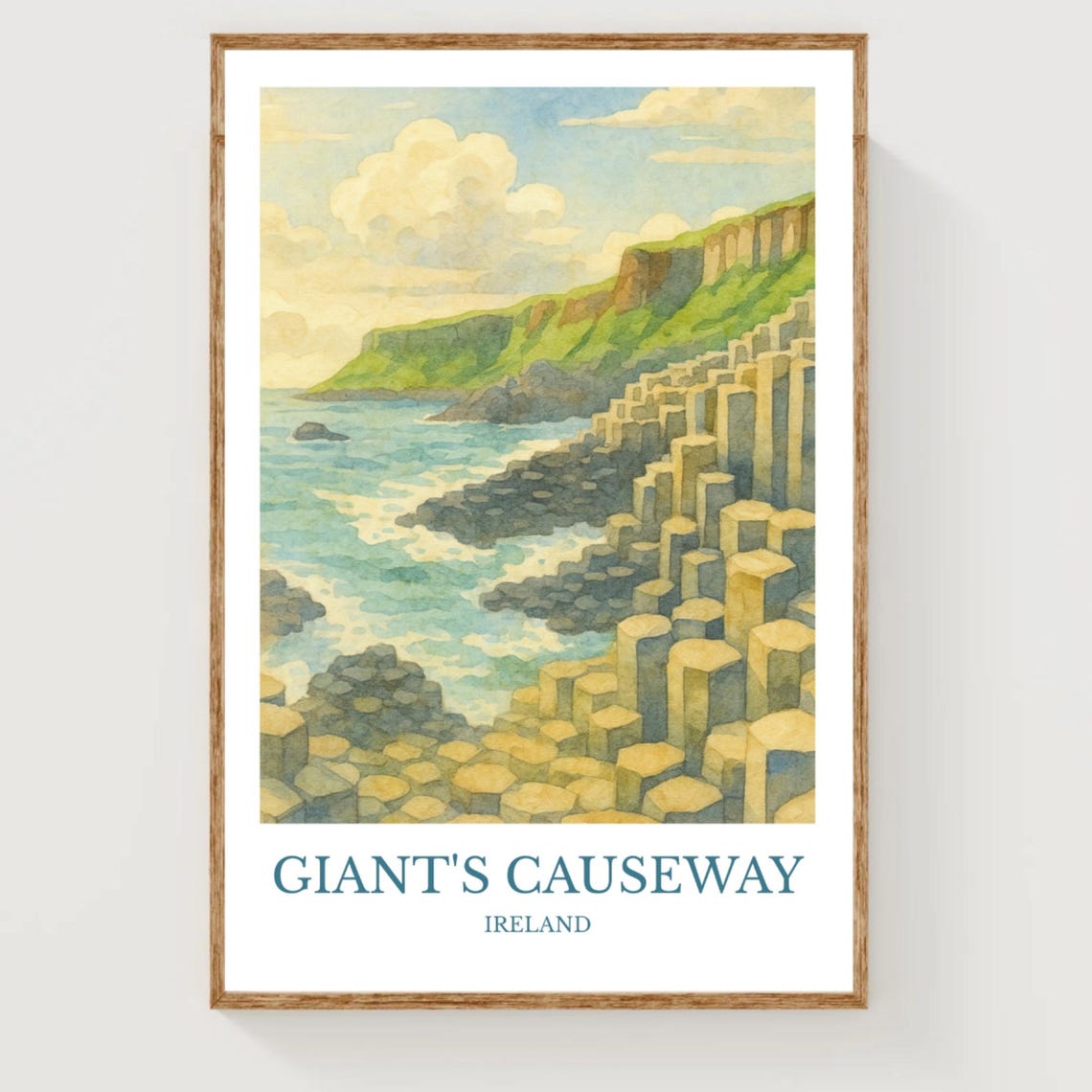 Giants Causeway Ireland Basalt Cliffs Watercolor Travel Poster