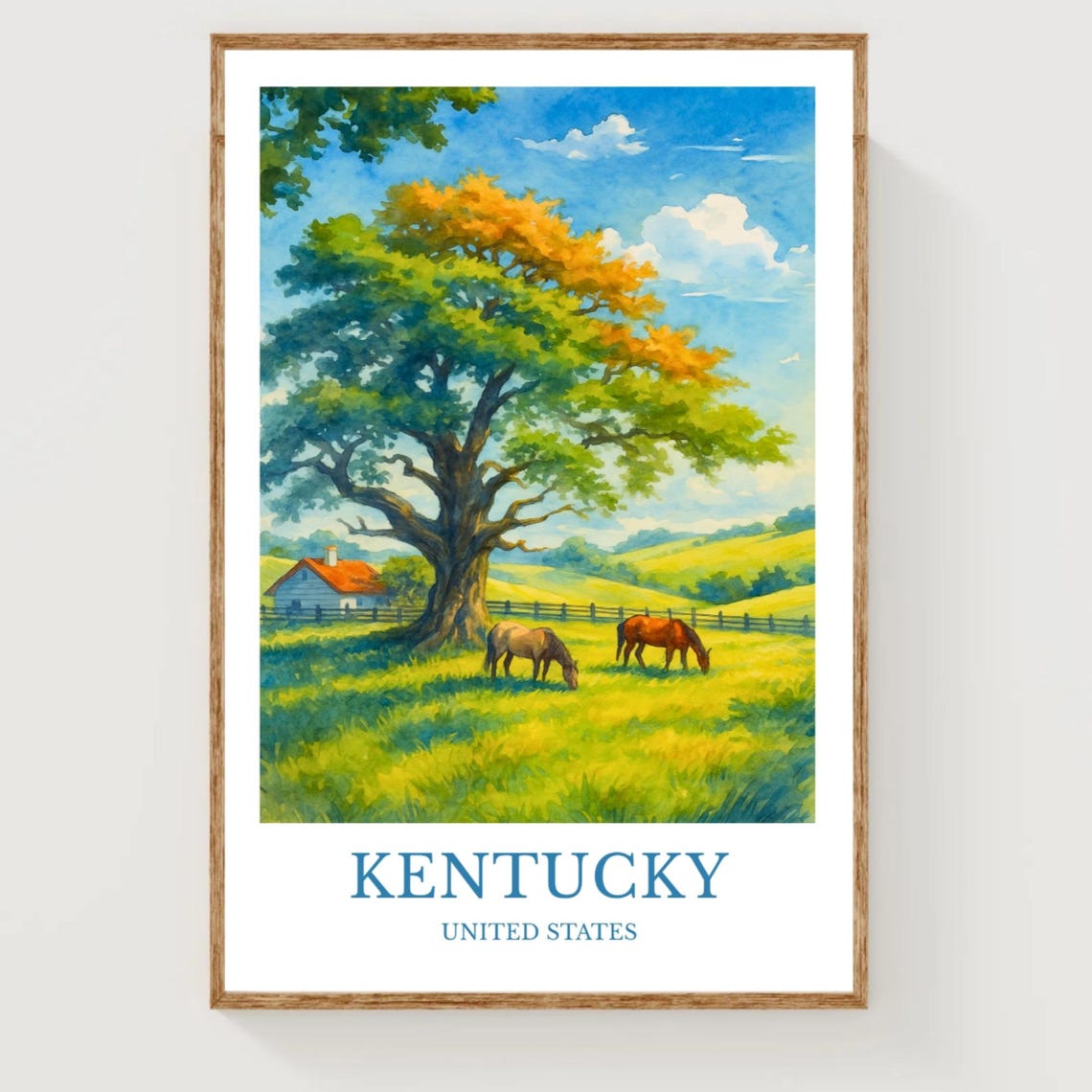 Kentucky Horses Grazing Under Oak Tree Watercolor Travel Poster