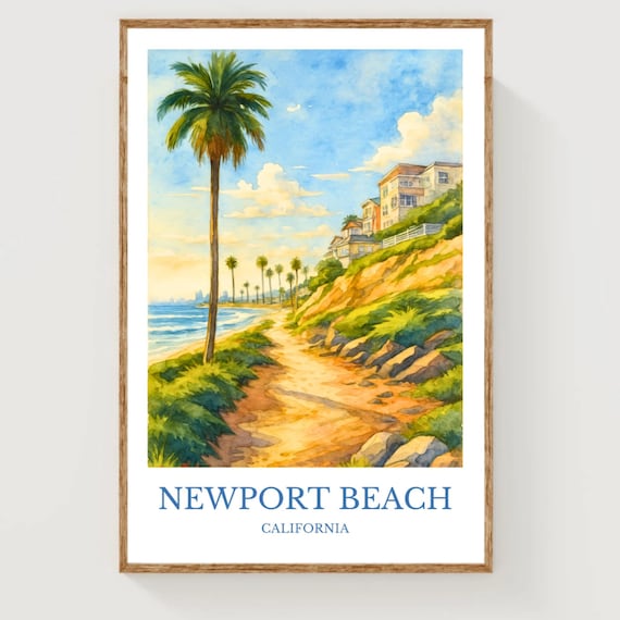 Newport Beach California Palm Tree Coastal Watercolor Travel Poster