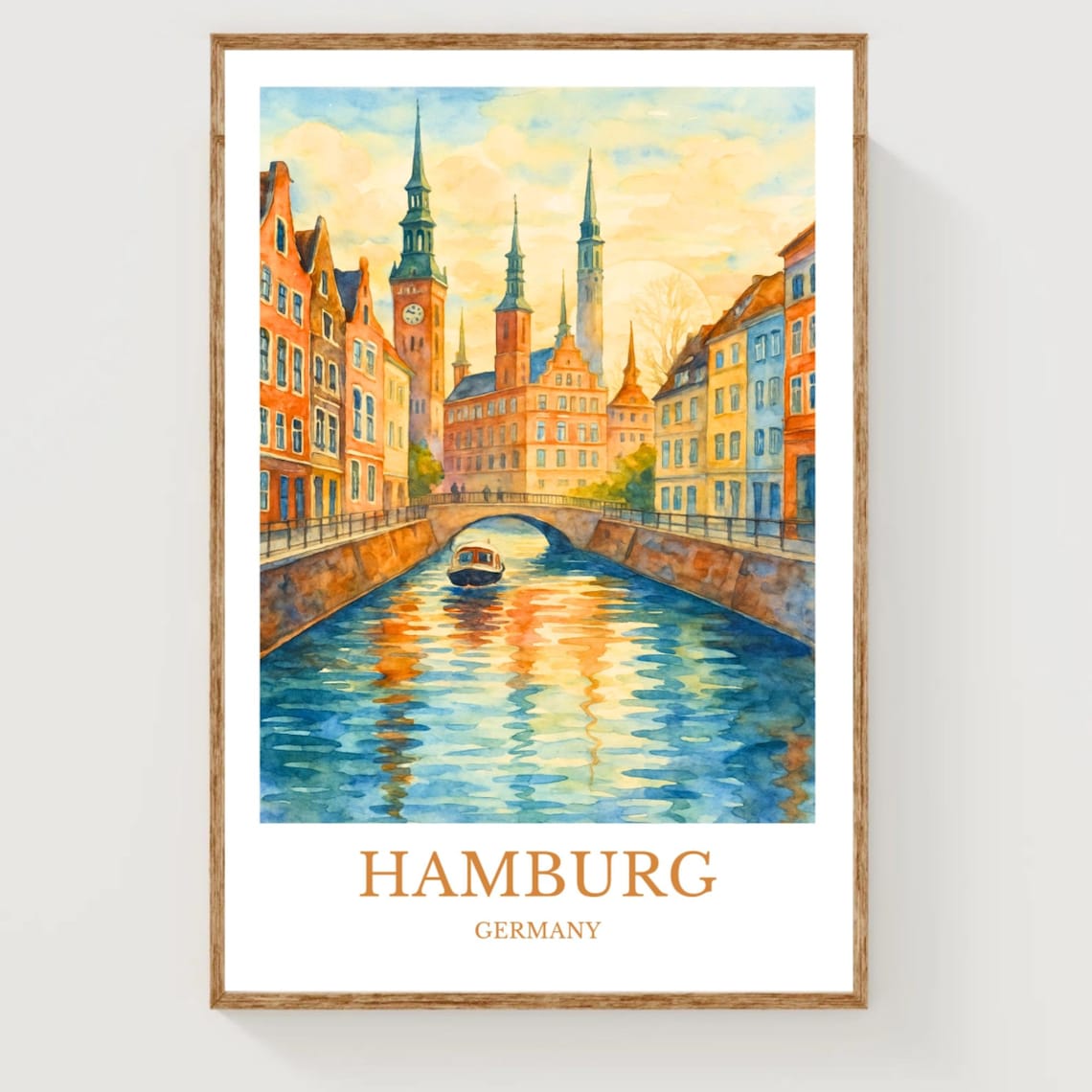 Hamburg Germany Canal Bridge Watercolor Travel Poster Harbor City