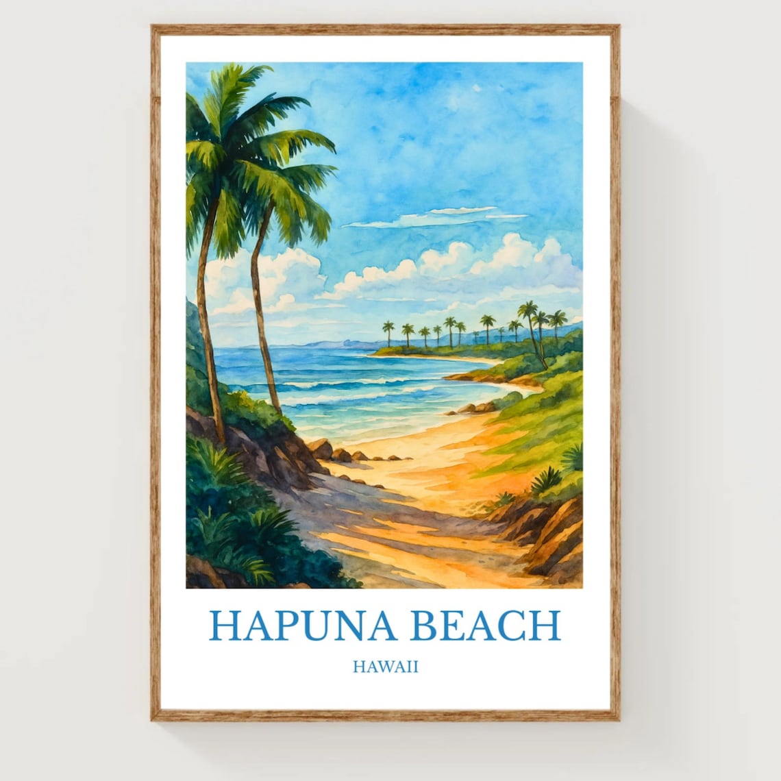 Hapuna Beach Hawaii Palm Fringed Cove Watercolor Travel Art Poster