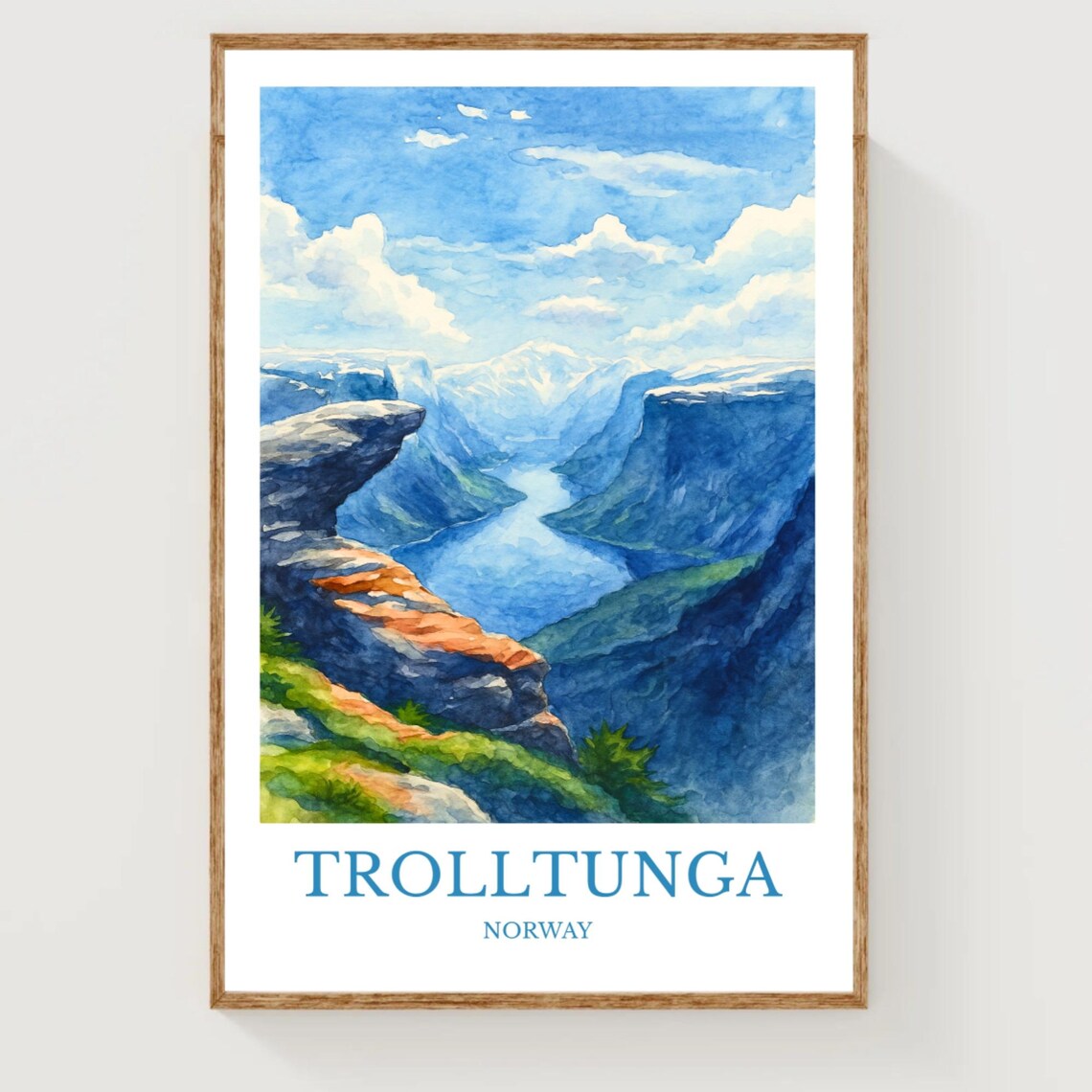 Trolltunga Norway Watercolor Cliff Fjord Dramatic Landscape Poster