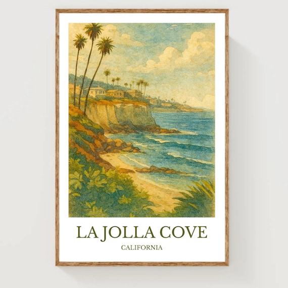 La Jolla Cove California Palms Ocean Cliffs Watercolor Travel Poster
