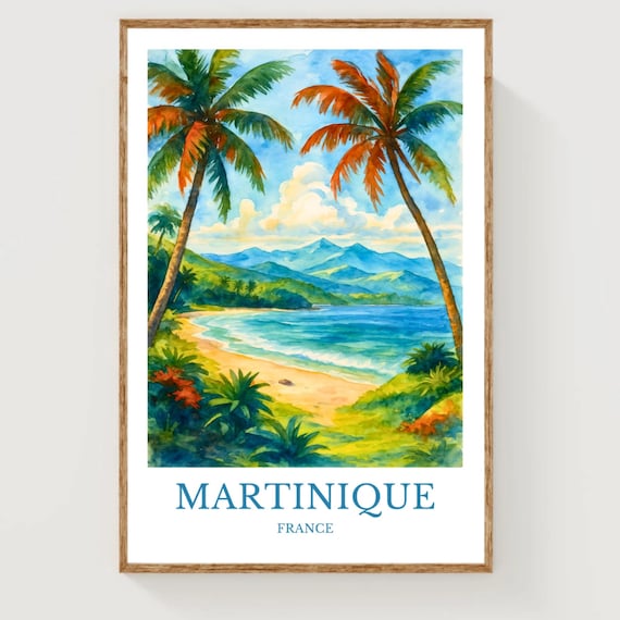 Martinique France Palm Beach Mountains Watercolor Travel Poster