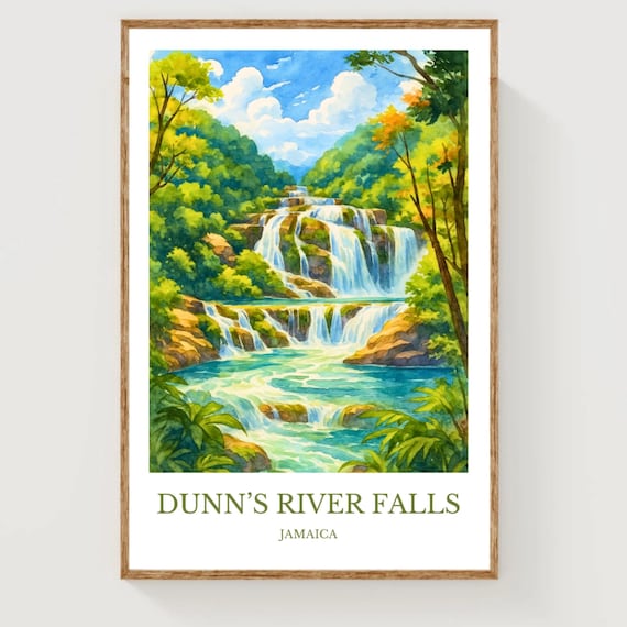 Dunns River Falls Jamaica Tropical Waterfall Jungle Travel Poster