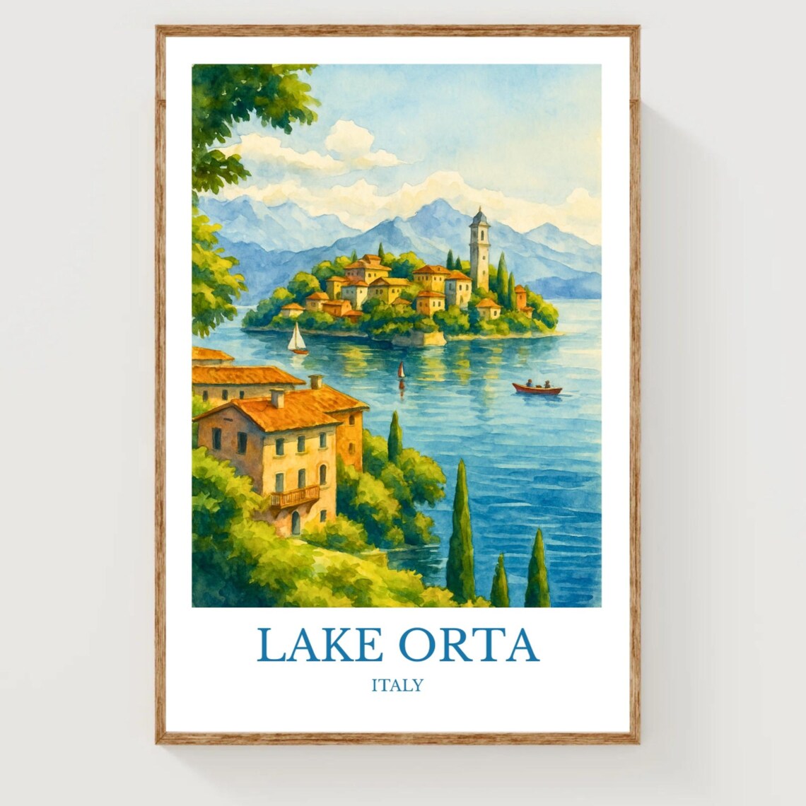 Lake Orta Italy Village Church Tower Watercolor Travel Poster