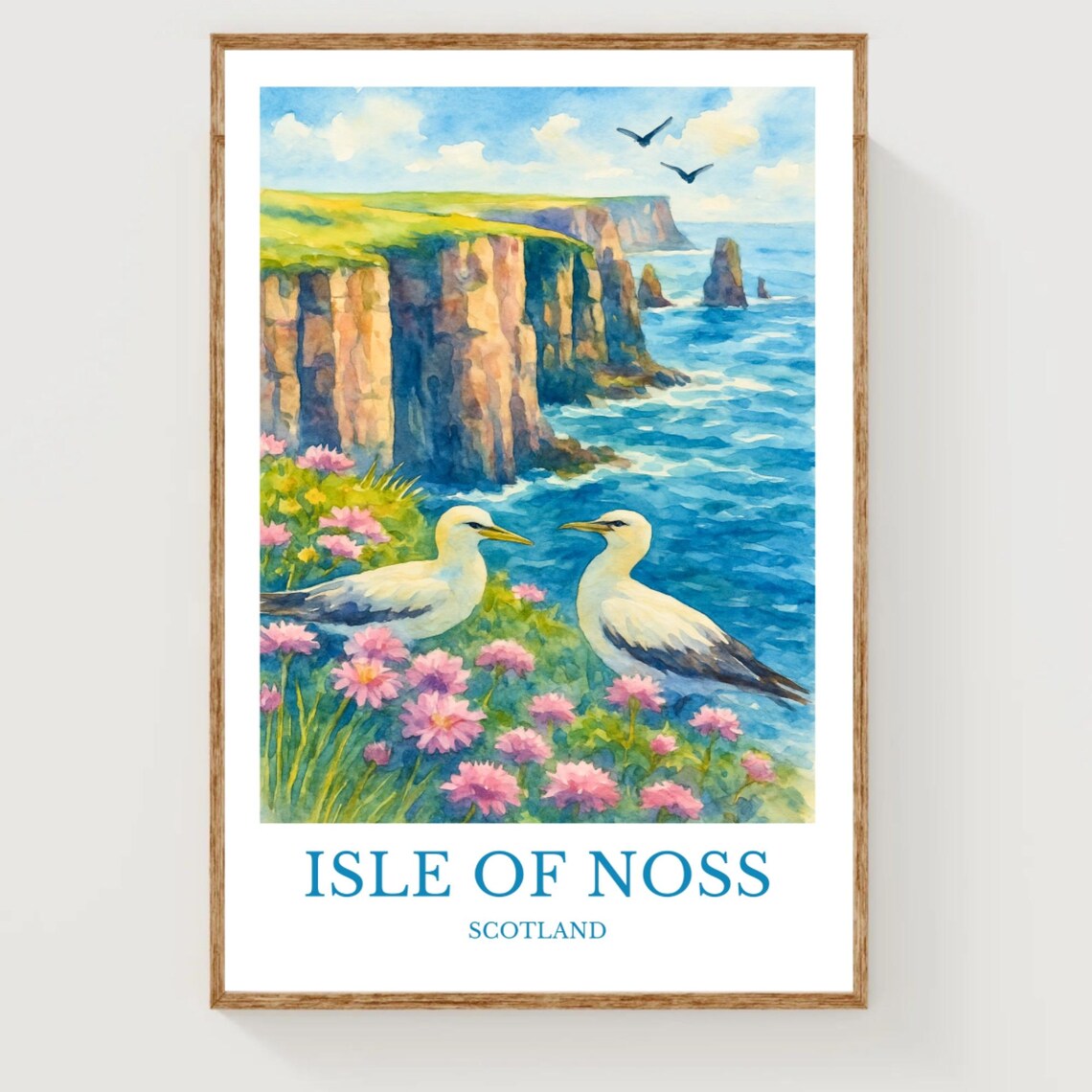 Isle of Noss Scotland Sea Cliffs Seabird Watercolor Travel Poster