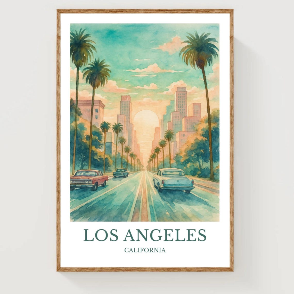 Los Angeles Sunset Boulevard Palm Trees Watercolor Travel Poster