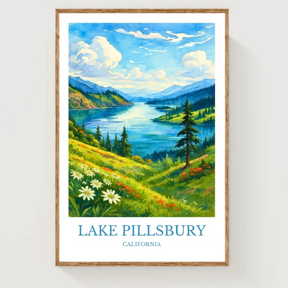 Lake Pillsbury California Lake Wildflower Watercolor Travel Poster