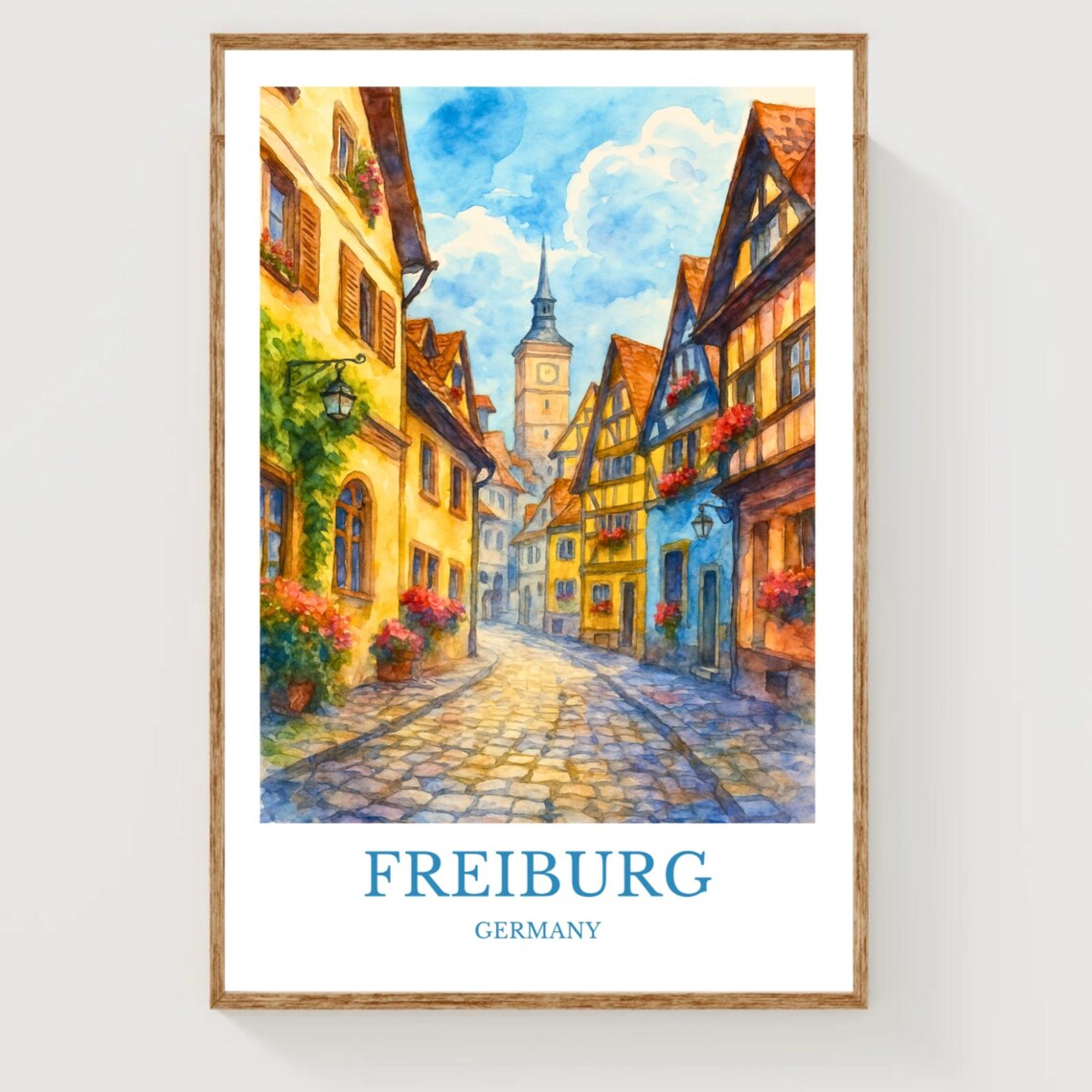 Freiburg Old Town Cobblestone Street Watercolor Travel Poster Germany Art