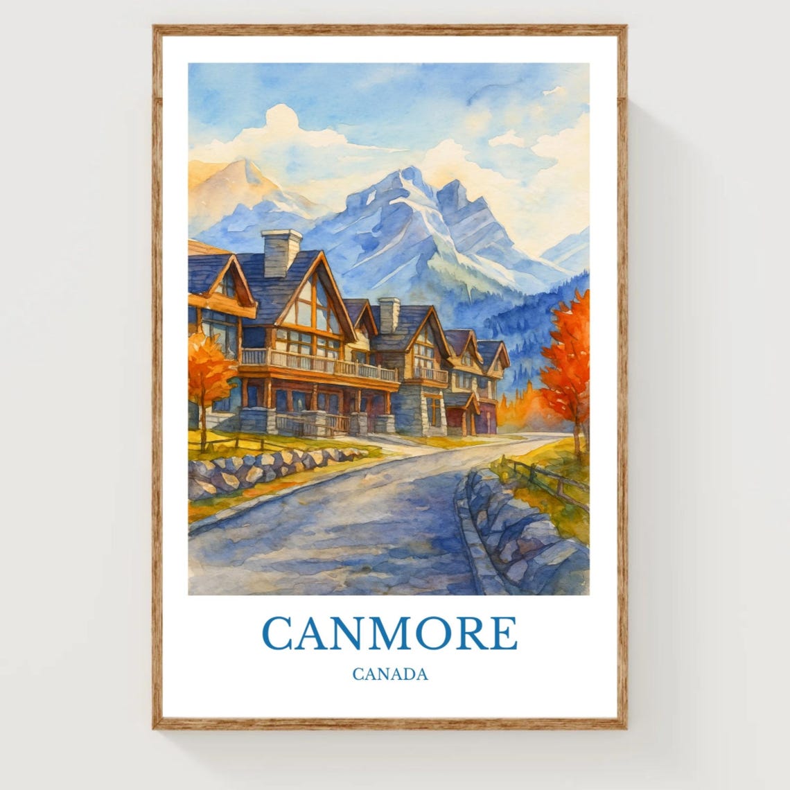 Canmore Canada Mountain Chalets Autumn Watercolor Travel Print