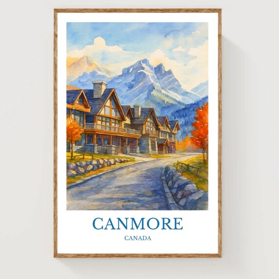 Canmore Canada Mountain Chalets Autumn Watercolor Travel Print