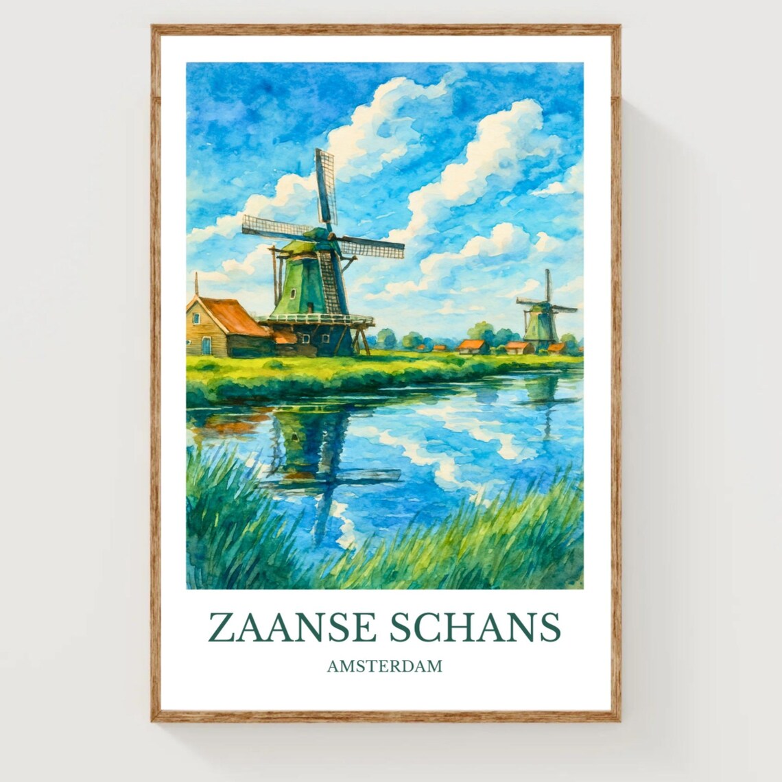 Zaanse Schans Amsterdam Dutch Windmills Watercolor Travel Poster