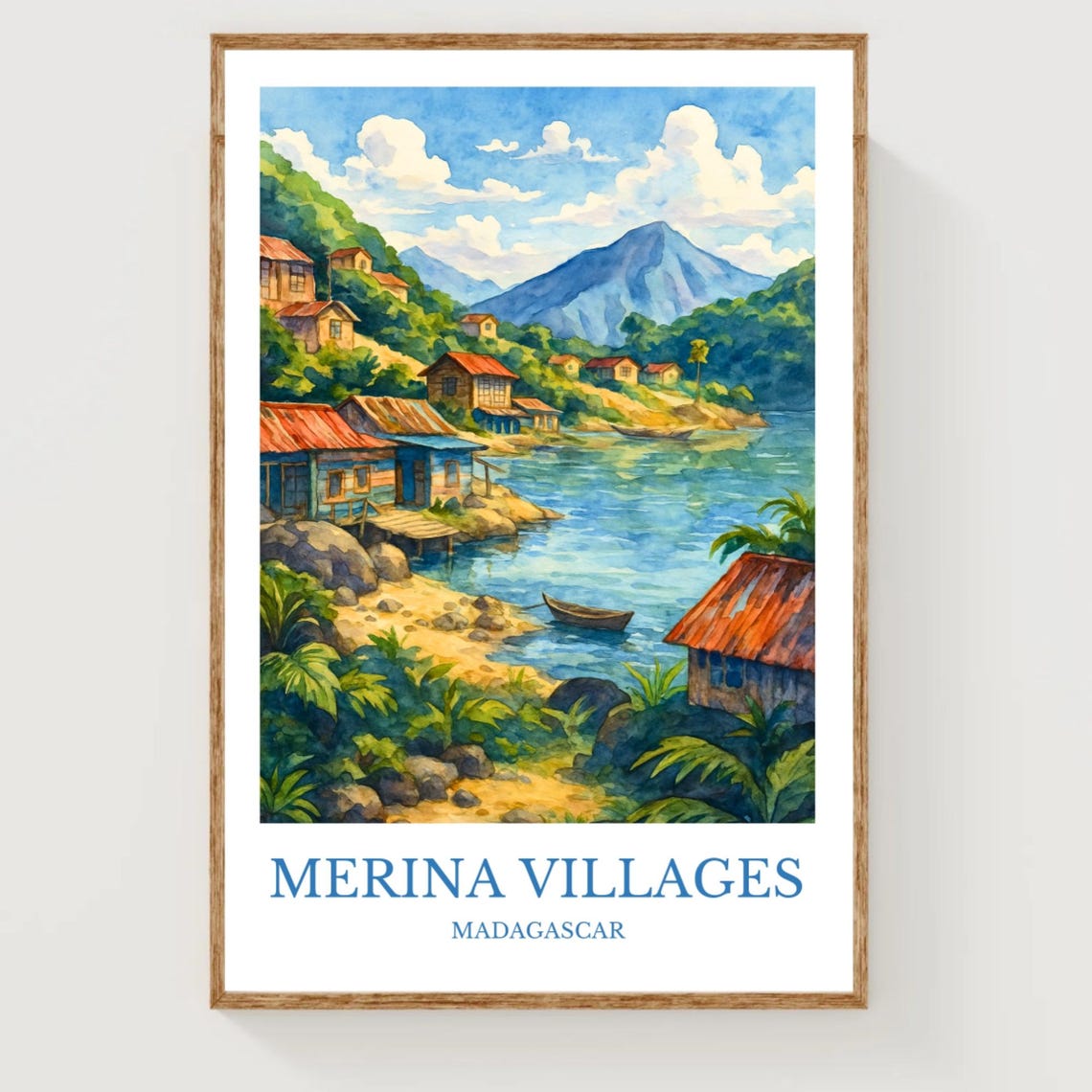 Merina Villages Madagascar Waterfront Watercolor Travel Poster