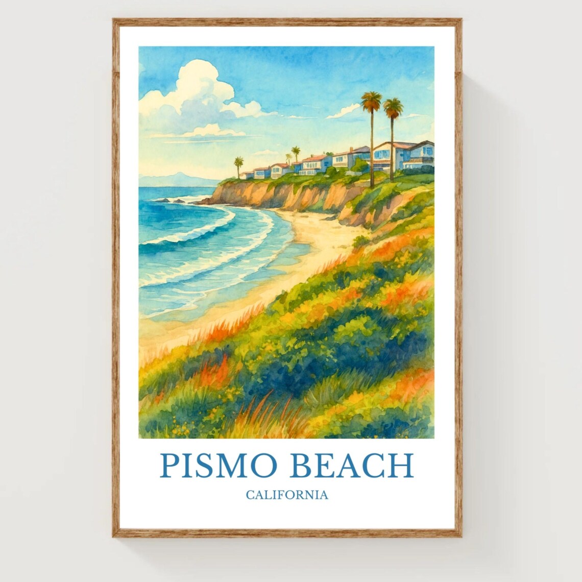 Pismo Beach California Watercolor Coast Travel Poster Palm Cliffs