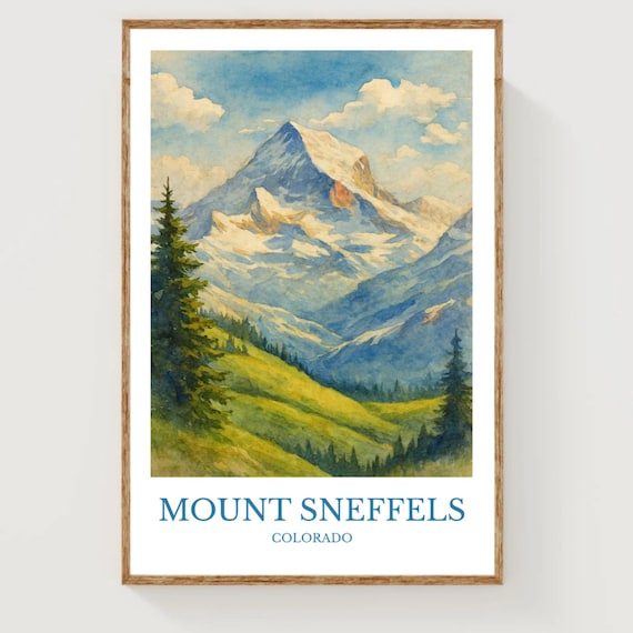 Mount Sneffels Colorado Snowy Peak Alpine Valley Watercolor Travel Poster