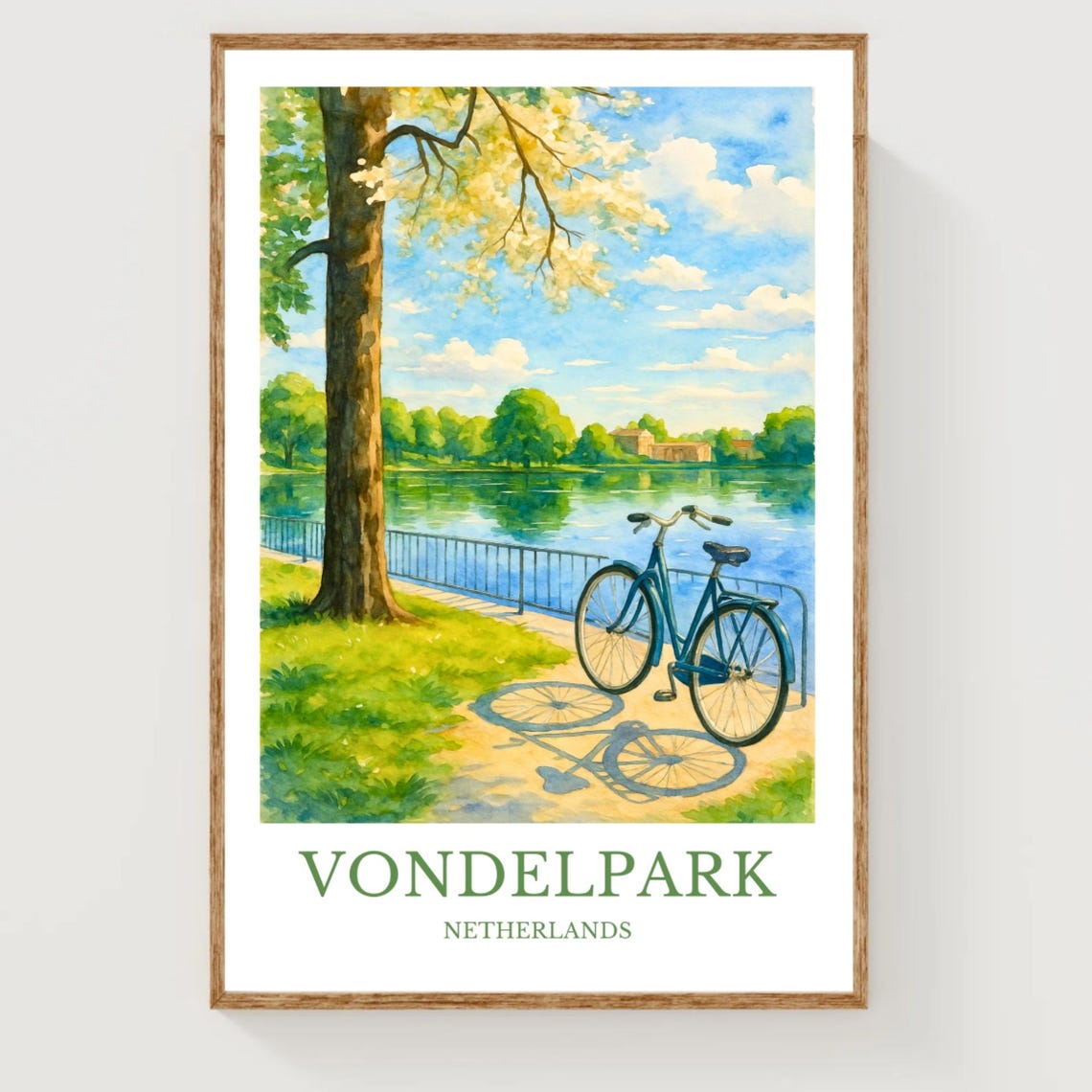 Vondelpark Netherlands Bicycle Lakeside Path Watercolor Travel Poster