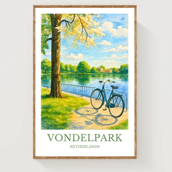 Vondelpark Netherlands Bicycle Lakeside Path Watercolor Travel Poster