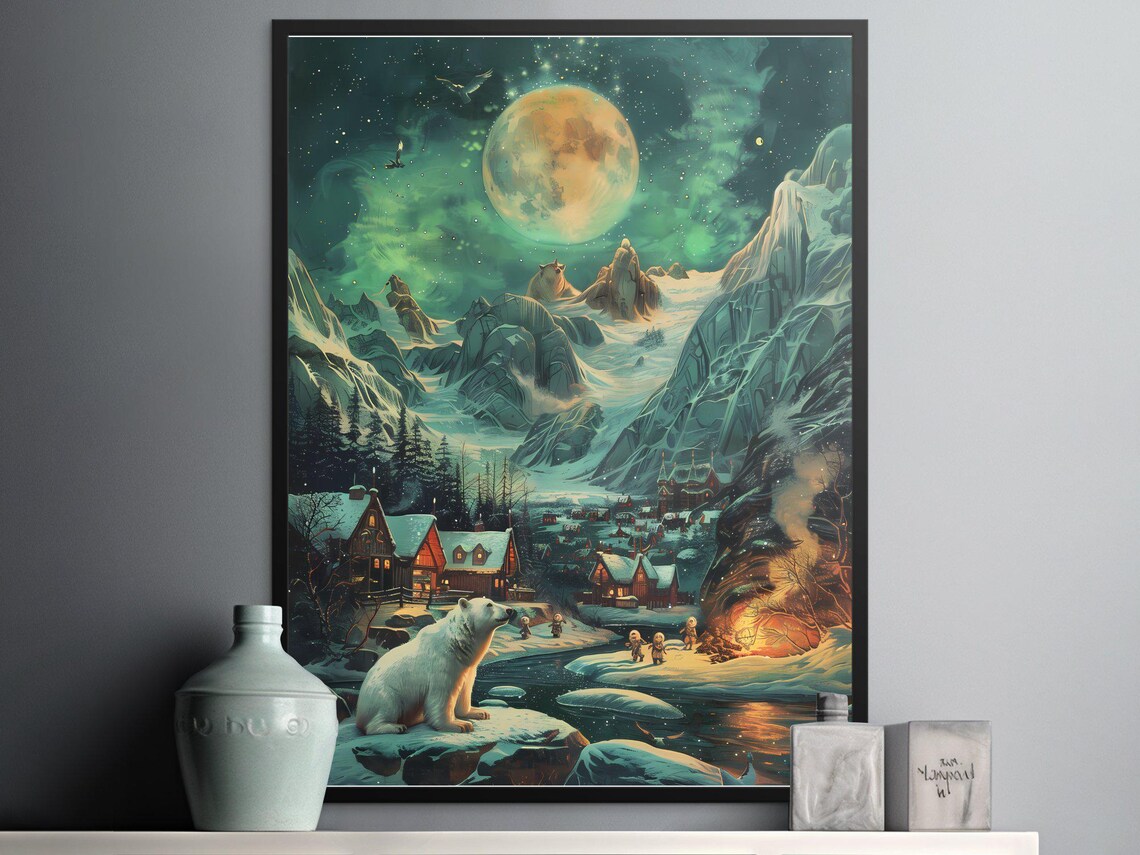 Polar Bear Under a Giant Moon in a Snowy Arctic Village Print - Image 2
