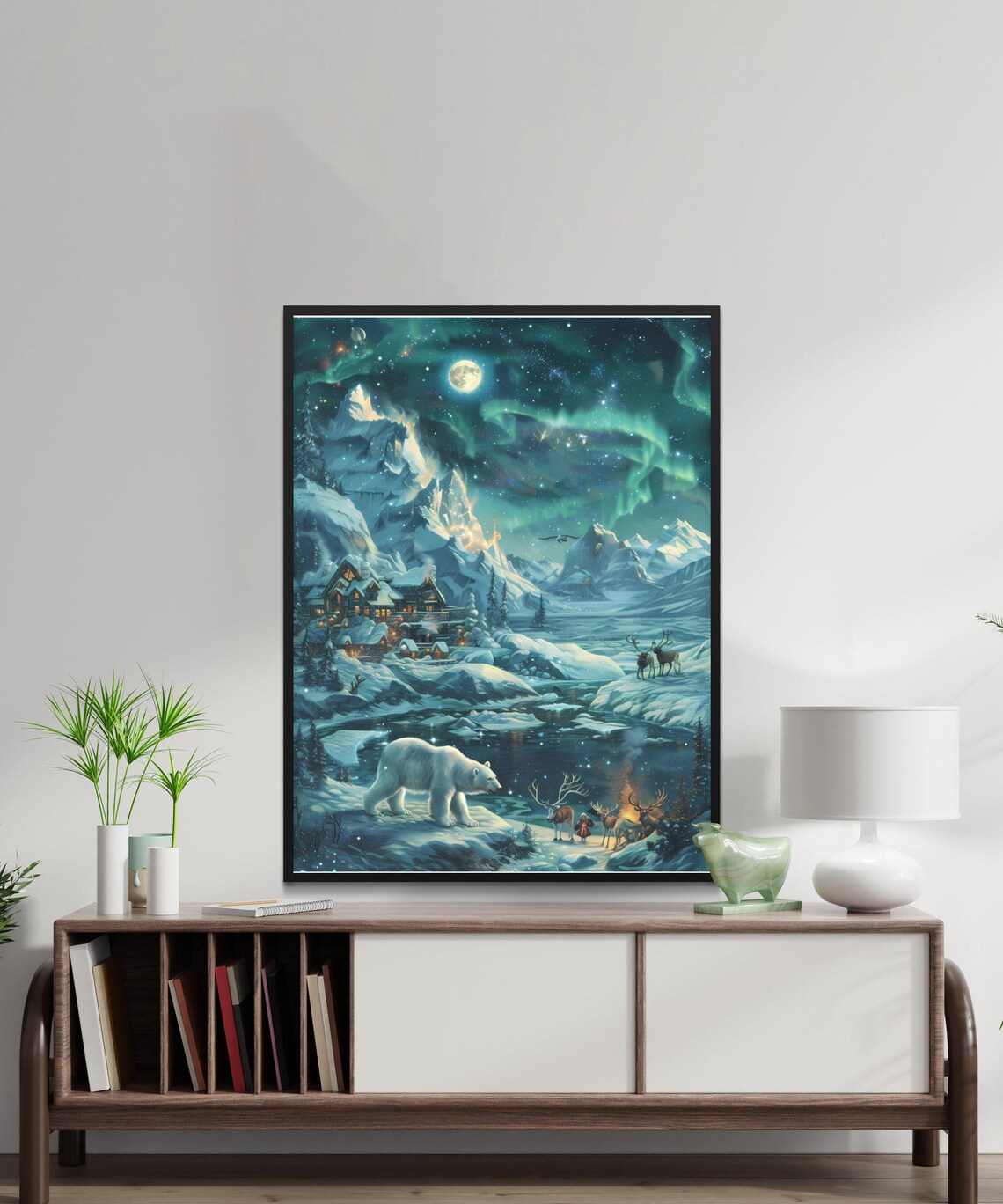 Northern Lights Alaska Polar Bear And Reindeer Art Print - Image 4