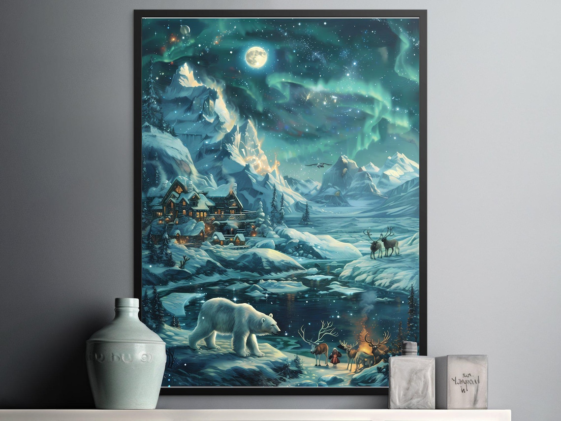 Northern Lights Alaska Polar Bear And Reindeer Art Print - Image 2