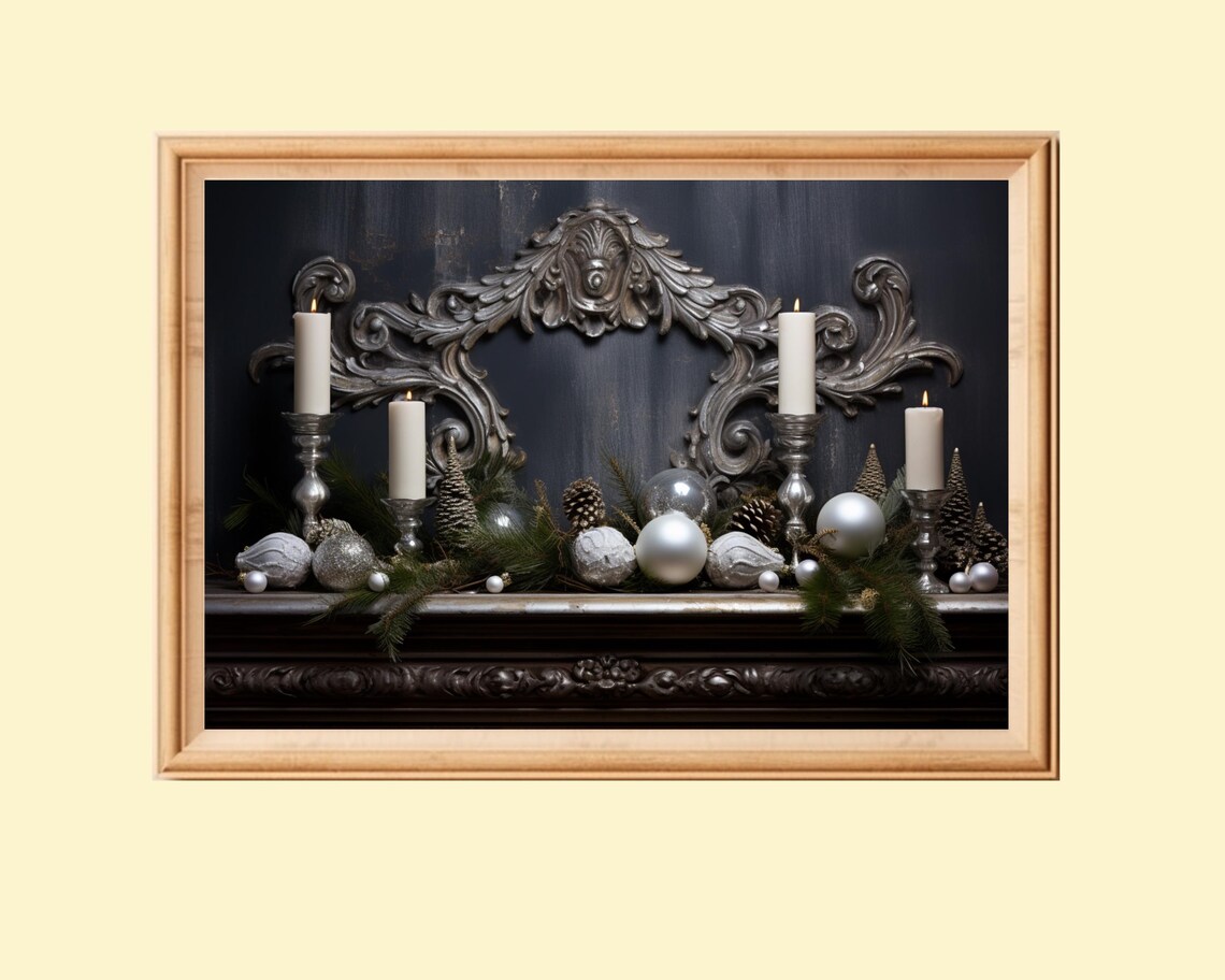 Dark Christmas Still Life Painting, Moody Winter Decor