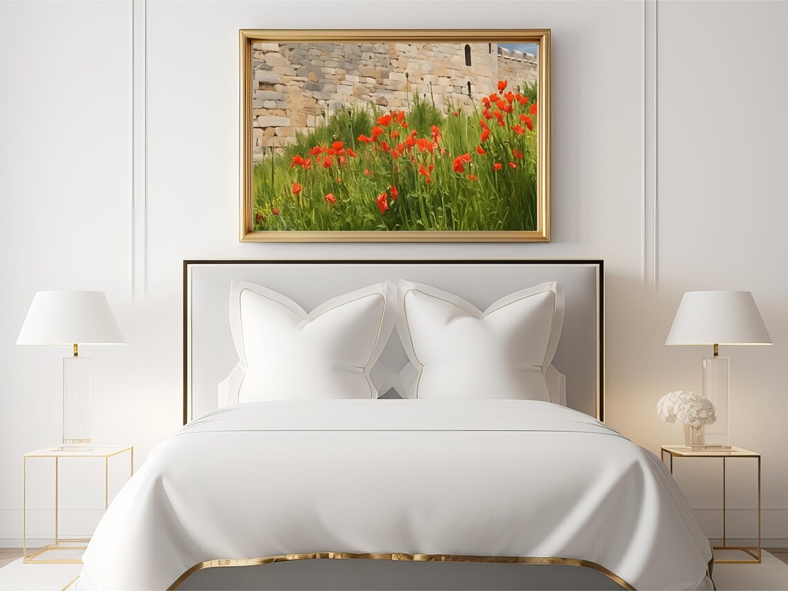 Red Poppies Before Medieval Castle Wall Artwork - Image 2