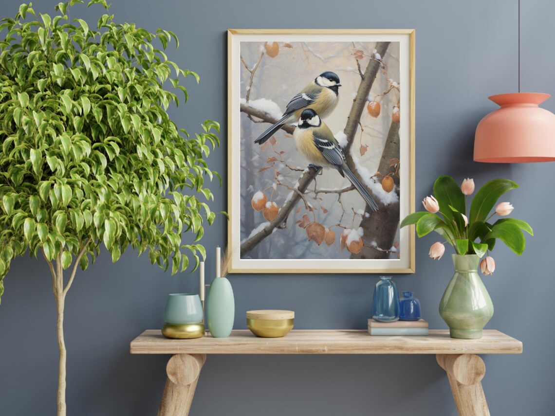 Birds Perched on Snowy Branches, Winter Nature Art - Image 2
