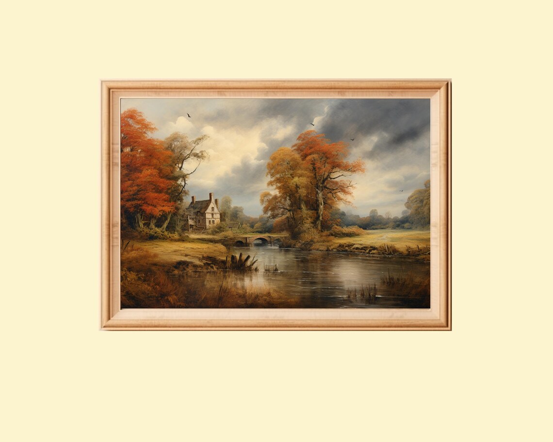 Vintage Fall Landscape Painting, English Countryside