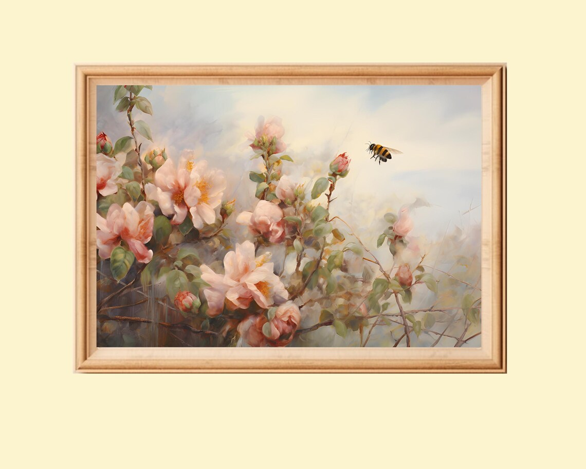 Pink Rose Bush, Cottagecore Vintage Farmhouse Art Print