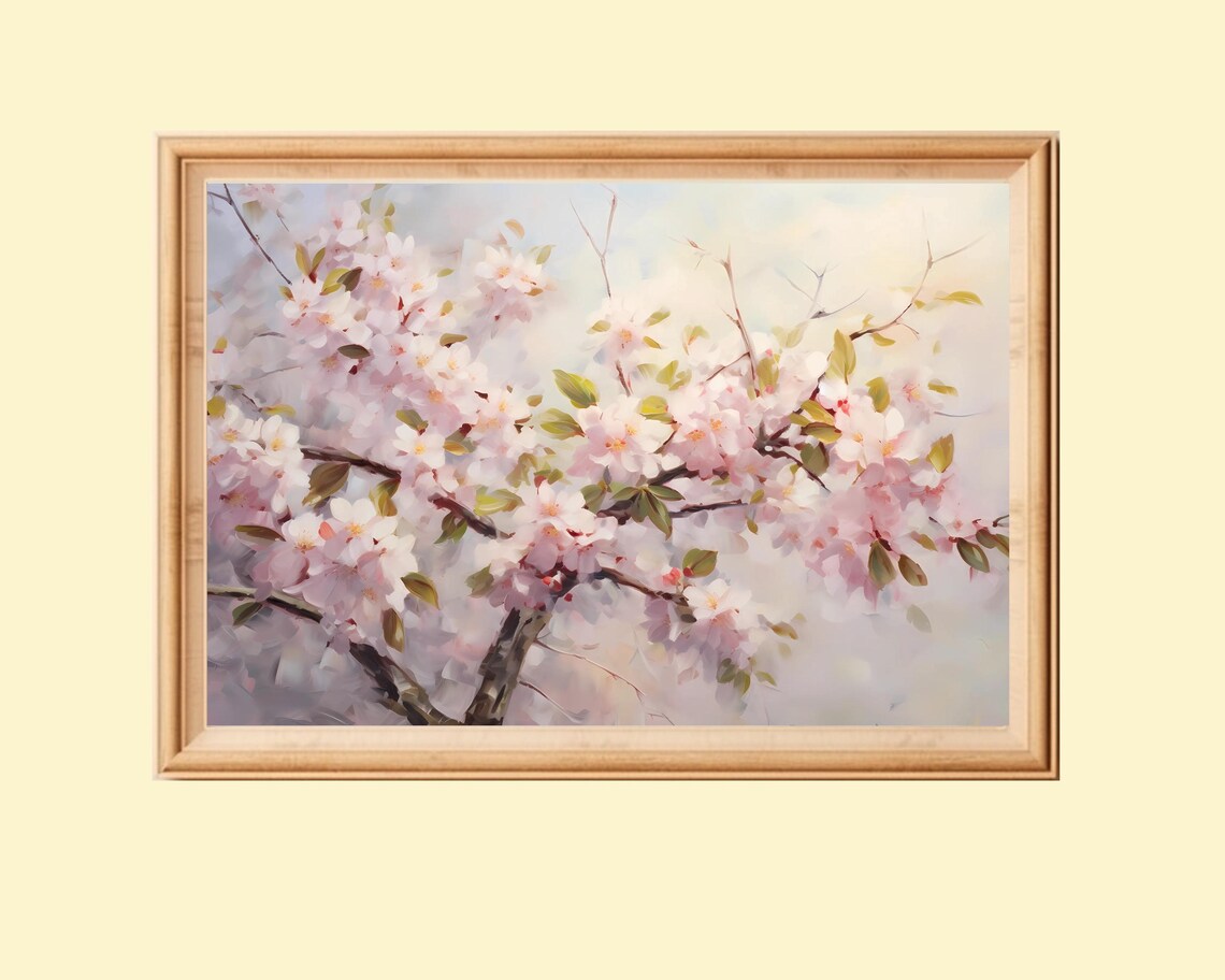 Vintage Cherry Blossom Painting, Spring Wall Art