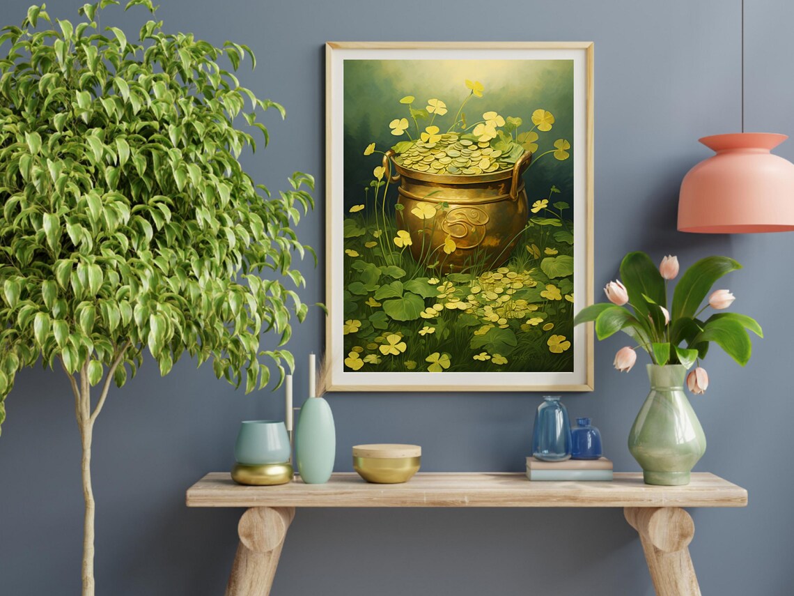 St Patricks Day Pot Of Gold, Rustic Clover Art - Image 2