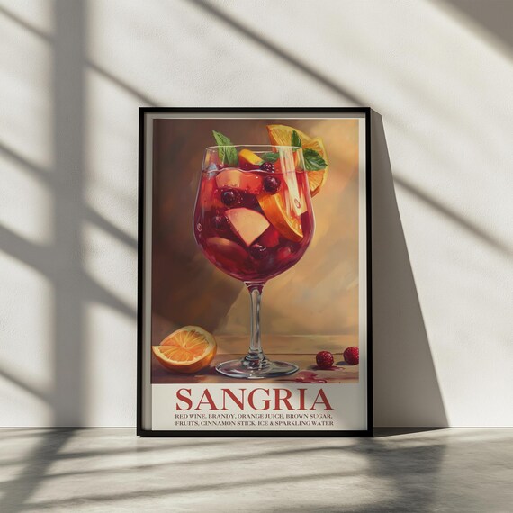 Sangria Cocktail Recipe Red Wine Fruit Watercolor Print Bar Wall Decor