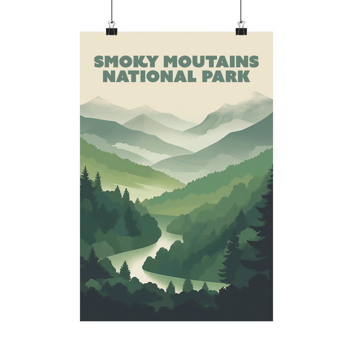 Smoky Mountains National Park Misty Green Forest Vintage Poster