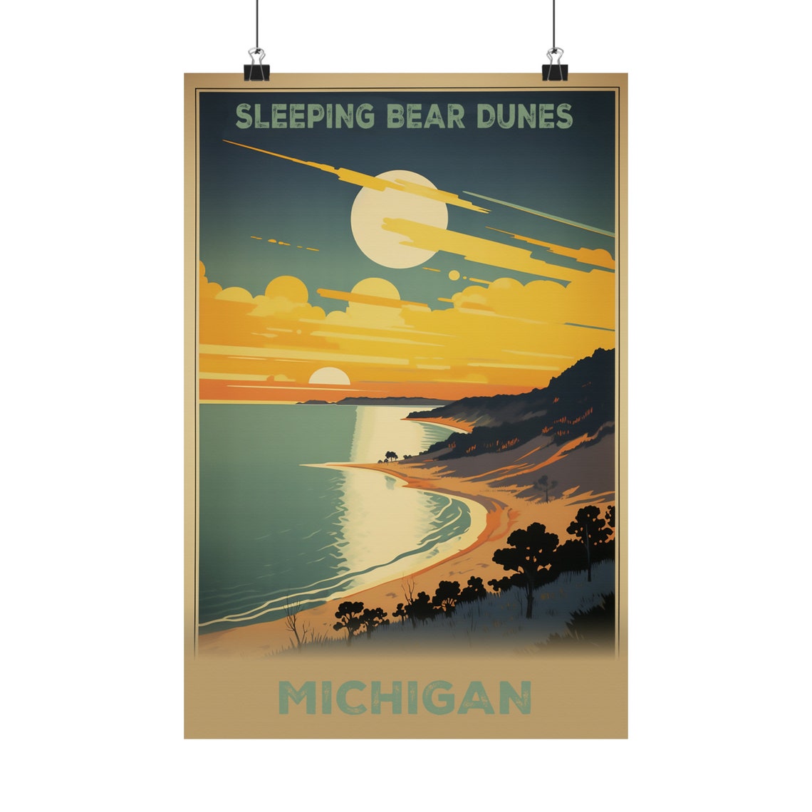 Sleeping Bear Dunes Michigan Sunset Beach Moon Vintage Poster