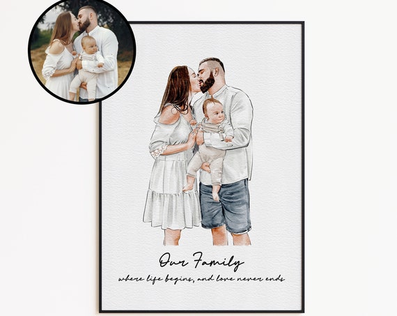 Custom Watercolor Family Portrait, Personalized Gift