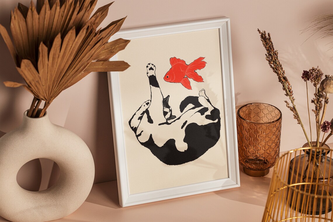 Playful Cat Reaching Red Goldfish Black White Funny Cat Poster - Image 2