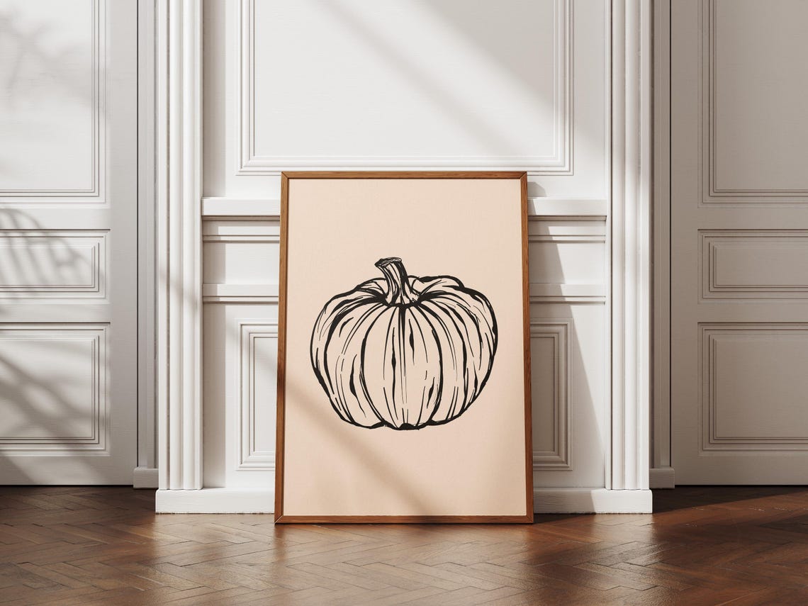 Minimalist Pumpkin Sketch Beige Fall Seasonal Kitchen Decor Poster - Image 3