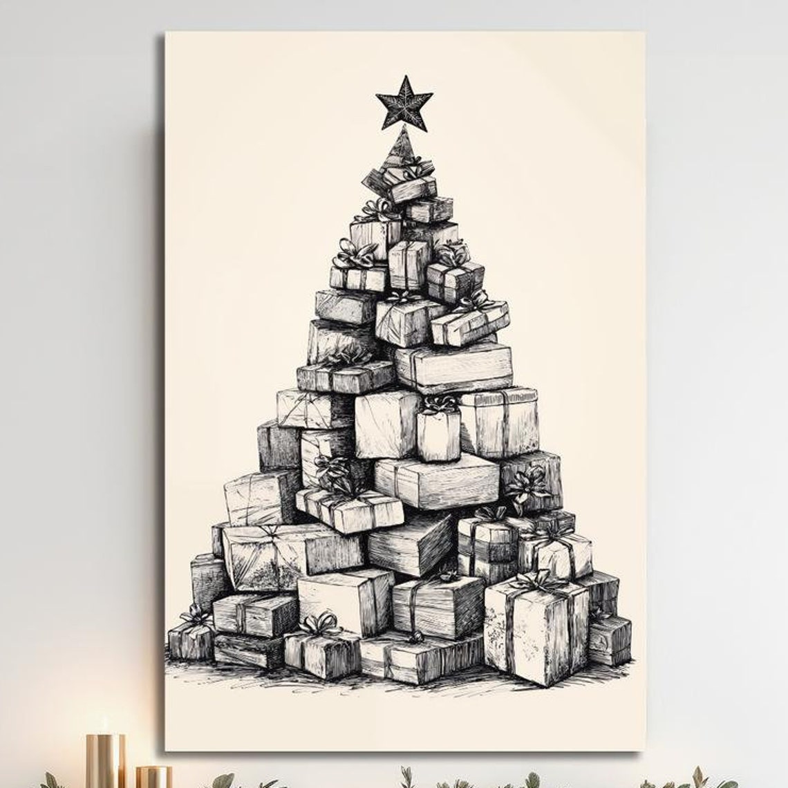 Black And White Gift Box Christmas Tree Sketch Minimalist Poster