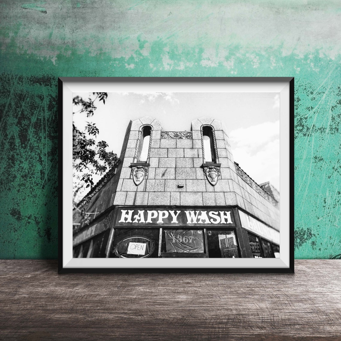 Happy Wash Laundromat Vintage Corner Storefront Sign Photo Poster - Image 2
