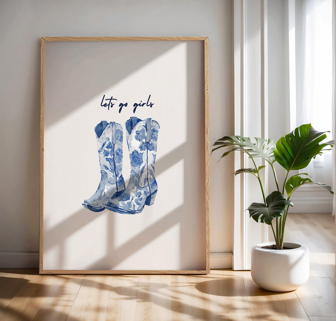 Lets Go Girls Blue Floral Cowboy Boots Chinoiserie Western Decor Poster - Image 3