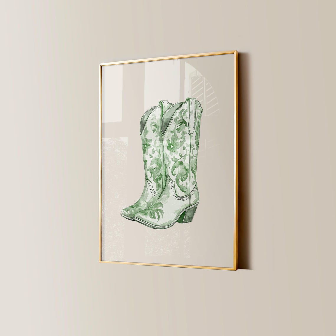 Sage Green Chinoiserie Floral Cowgirl Boots Watercolor Poster - Image 4