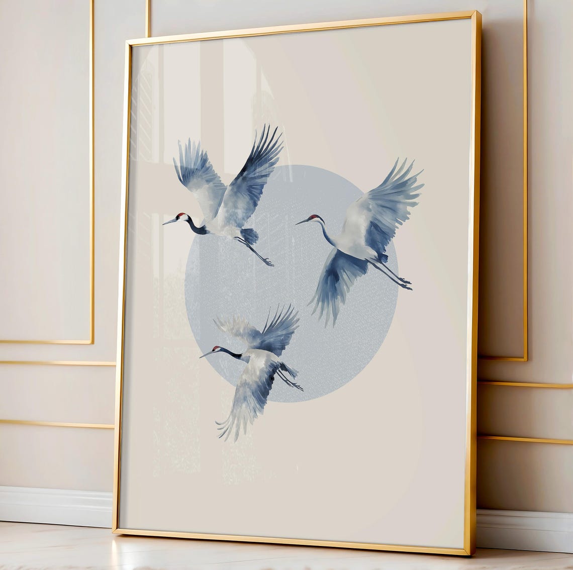 Three Flying Cranes Japanese Watercolor Bird Poster with Moon Art