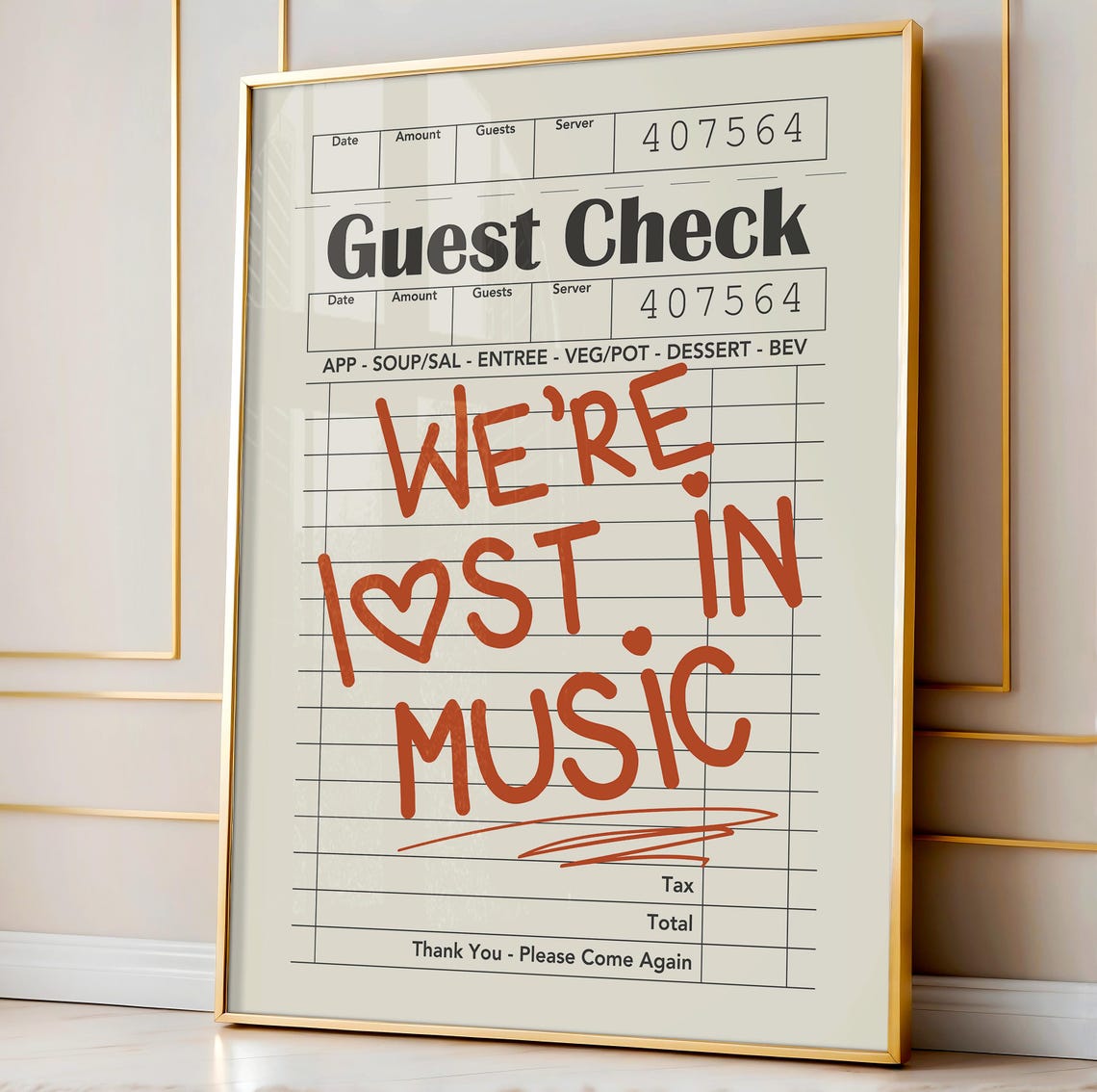 Were Lost in Music Heart Guest Check Retro Song Lyric Poster