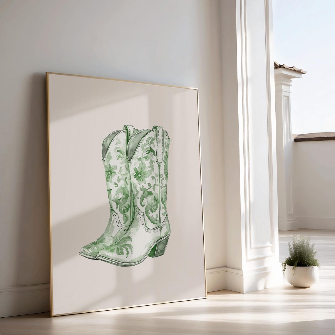Sage Green Chinoiserie Floral Cowgirl Boots Watercolor Poster - Image 3