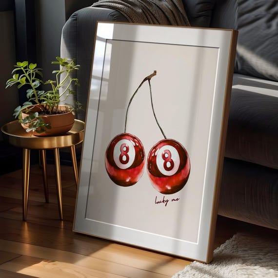 Red 8 Pool Ball Print Retro Cherries Wall Art Dopamine Decor Preppy Wall Art Cherry Print Lucky Me Poster Funky Wall Art 70s Poster