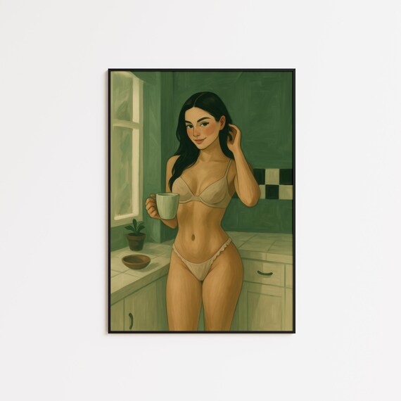 Morning Coffee Girl Green Kitchen Boudoir Underwear Art Poster
