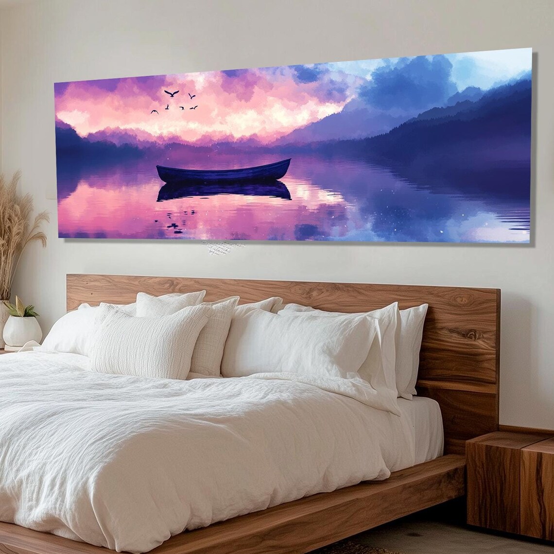 Lonely Boat Purple Sunset Lake Calm Water Reflection Nature Poster - Image 4