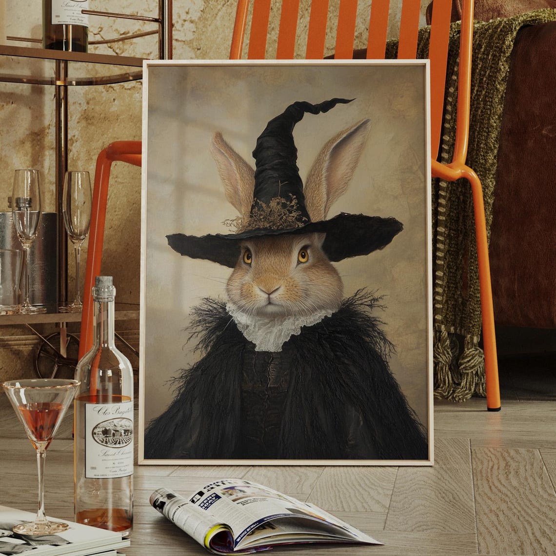 Witch Bunny Portrait Black Witch Hat And Cloak Halloween Rabbit Poster