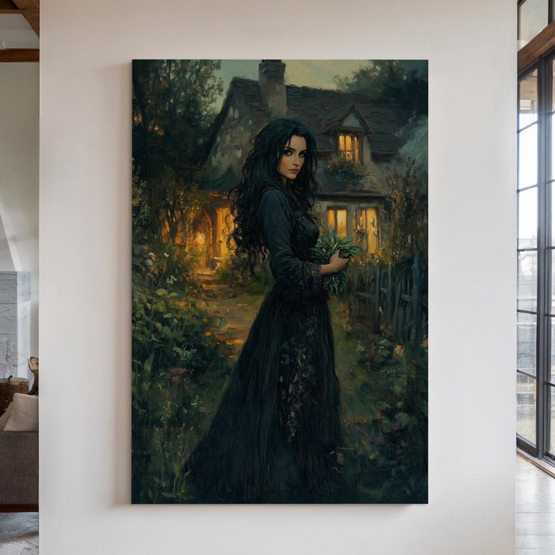 Elegant Woman in Black Gown Outside a Lit Cottage at Night Poster